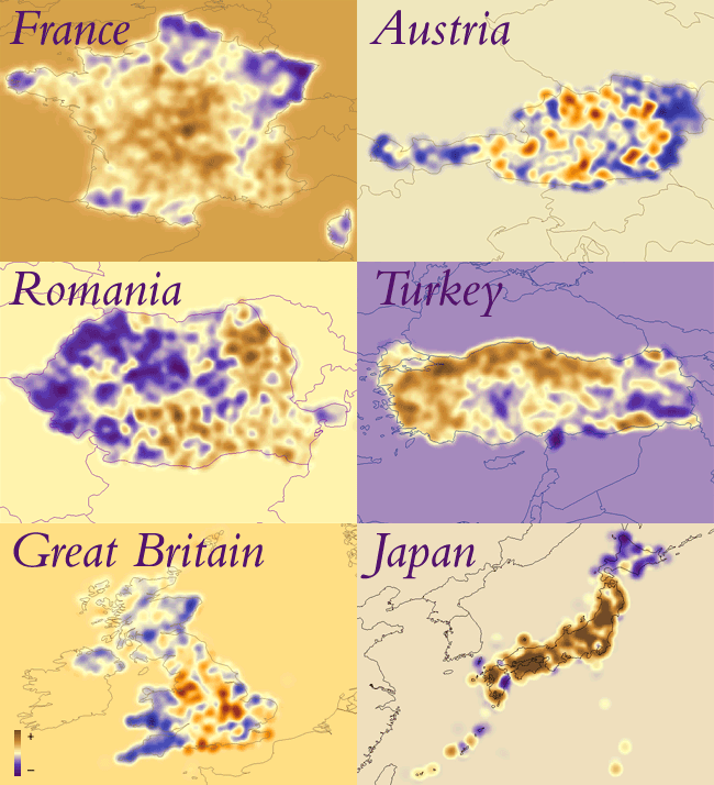 Density of homonymous populated places in France, Austria, Romania, Turkey, Great Britain, Japan.